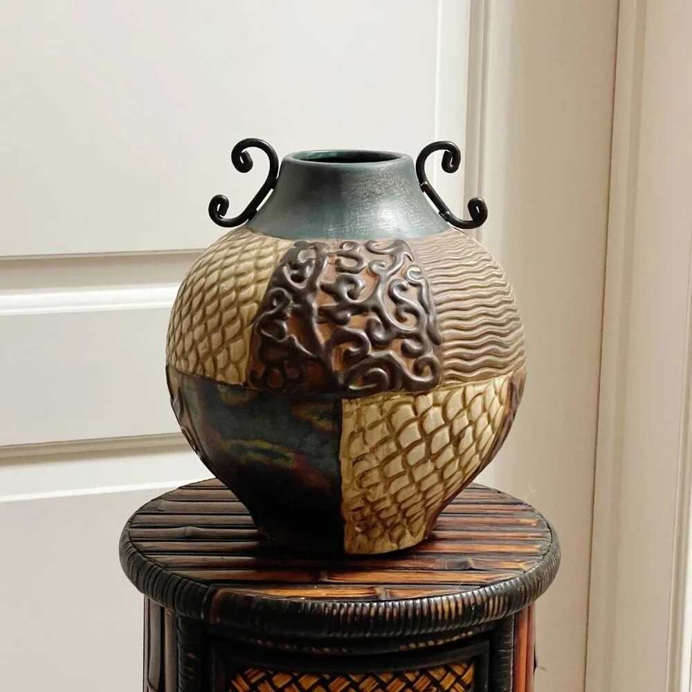Pier 1 Vase Tan Turquoise Blue Multi Color Texture Pattern Ceramic Metal Unique!